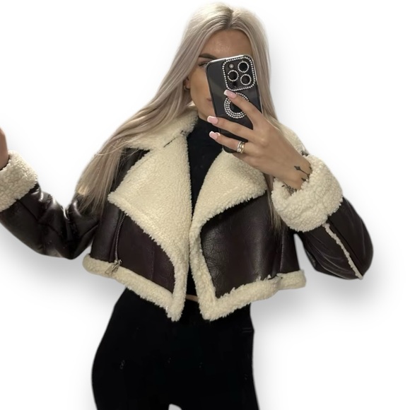 Dark Brown Leather Ivory Shearling Moto  Cropped Coat NEW - Picture 1 of 4